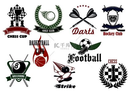 橄榄球或英式足球、高尔夫、冰球、篮球、保龄球、国际象棋、台球和飞镖运动标志与纹章元素和运动项目。