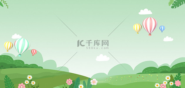 花朵天空背景背景图片_热气球草地天空绿色卡通背景