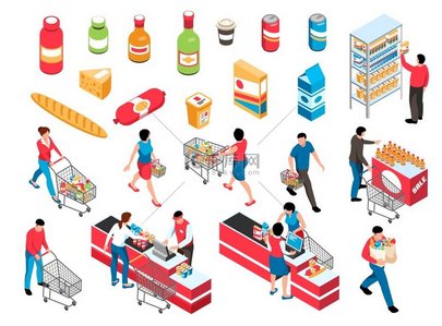 等距超市设置有孤立的产品图标和带有购物篮的购物者特征 向量例证