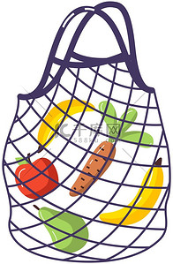 带蔬菜和水果的网袋在白色背景下被隔离。