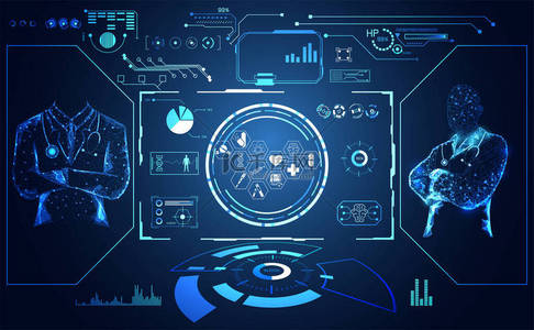 通信连接背景图片_摘要健康医学是由博士数字未来虚拟全息处理、医学与通信系统连接的高科技蓝背景。向量 