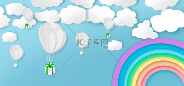 彩色天空云朵背景图片_蓝天白云热气球立体礼物背景