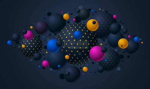 抽象的黑色和彩色点缀球体矢量背景，点缀飞行球的组成，三维混合球体
