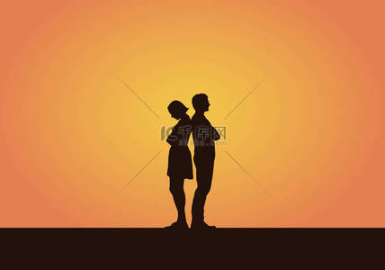 在争吵或争吵之后, 一对年轻人、男人和女人的轮廓的现实例证。隔离在橙色背景上-向量