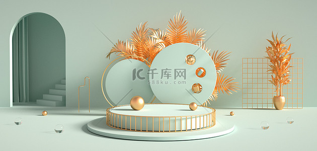 金色c4d立体背景图片_C4D舞台绿色3D立体空间