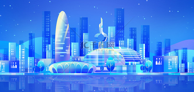 蓝色建筑商务背景背景图片_山东济南科技城市蓝色商务科技海报背景
