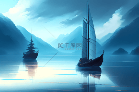 中国风山水和帆船