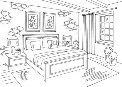 卧室图形白色素描家居生活素描插图矢量