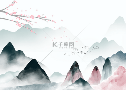 手绘水彩插画背景背景图片_云雾山峰粉色梅花山水水墨背景