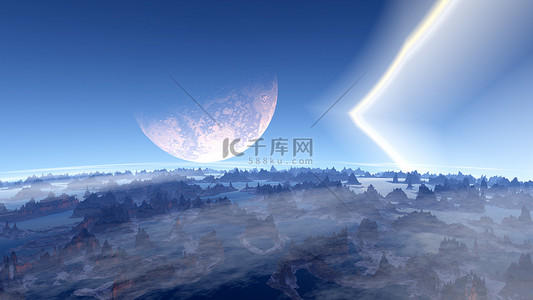 幻想外星人的星球。岩石和湖。3d 图