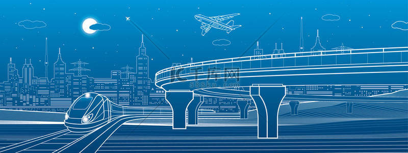 life背景图片_Automobile highway, infrastructure and transportation panorama, airplane fly, train move, night city, towers and skyscrapers, urban scene, vector design art