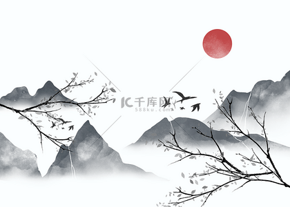 冬季户外活动背景图片_红日山峰云海山水水墨背景