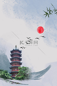 中国风古建筑清新简约背景海报