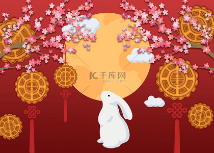 兔子国潮插画背景图片_中秋节月亮红色樱花背景