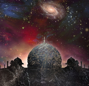 islam背景图片_寺庙在东部样式。宇宙与星系在背景上.