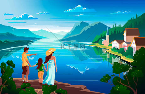 家庭欣赏大自然，美丽的山景与湖泊。矢量插图