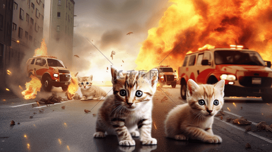 城市火灾灾难猫咪宠物流浪