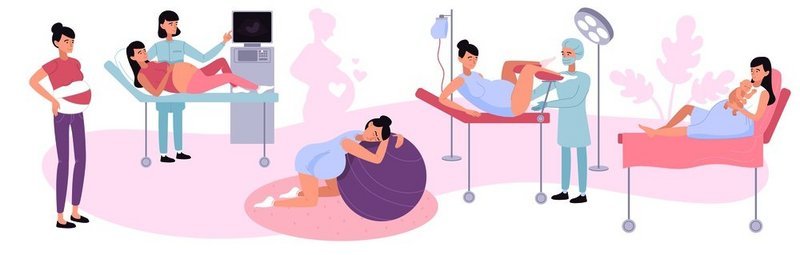 分娩和生育设计理念与医务人员在医院检查孕妇和接生婴儿平面矢量图