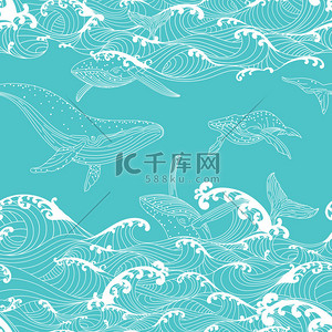 家庭背景图片_鲸鱼在大海的波涛家庭游泳