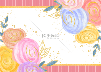 花卉金箔边框抽象美丽水彩粉色背景
