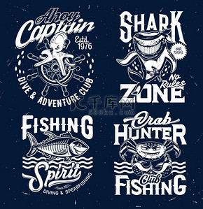 带有吉祥物的潜水和钓鱼俱乐部 T 恤打印模板。