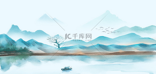 水墨山水蓝色背景图片_清明山水风景蓝色中国风