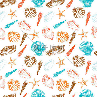 无缝模式水下艺术海洋彩色纹理、 蚀刻素描白色背景，贺卡、 装饰纺织、 水面料，设计一个孤立的贝壳手绘墨壁纸