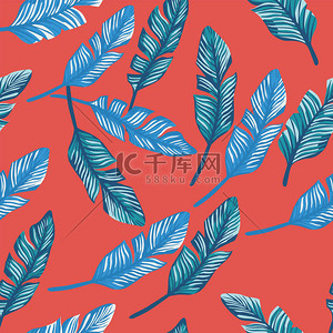 摇一摇小肉包壁纸背景图片_无缝的图案与蓝色热带香蕉叶在活珊瑚的背景。向量异国情调的植物壁纸