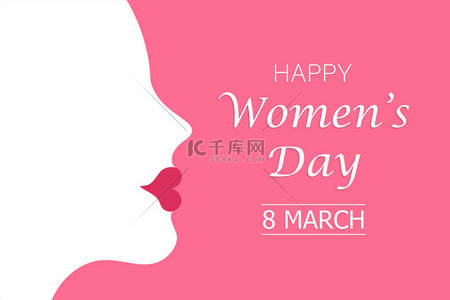 粉色背景背景图片_用红色口红勾勒出一个女人的轮廓，并在粉色背景上复制空白处的文字。Womens Day 8 March concept vector illustration