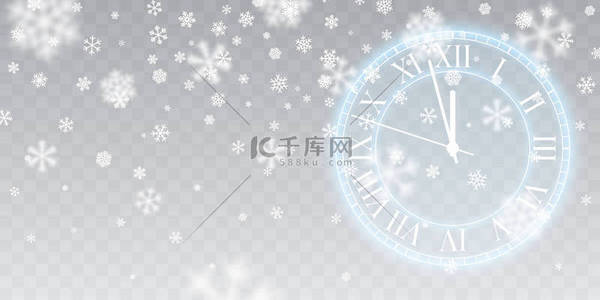 复古黄金闪亮的圆钟。圣诞雪蓝色背景上飘落的雪花。降雪。矢量插图