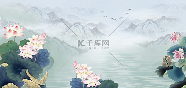 中水墨国风背景图片_中国风廉洁荷花山水水墨国风海报背景