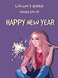 金发姑娘手里拿着烟火，留着长长的头发。 新年快乐，圣诞祝福-寒假海报卡片