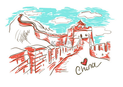 车线描图背景图片_素描图与中国的长城 