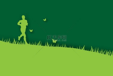 年轻跑步者的 3d 纸艺术和工艺在绿草如茵的绿色背景下在公园慢跑。男人快乐地在户外公园花园里放松，自然蝴蝶飞来飞去。照顾好你的健康。矢量