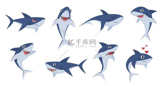 卡通鲨鱼滑稽的鲨鱼动物可爱的角色情感可怕的下巴和水下海洋鱼类儿童矢量野生动物的快乐吉祥物卡通鲨鱼滑稽的鲨鱼动物可爱的角色情感可怕的下巴和水下海洋鱼类快乐的妈妈