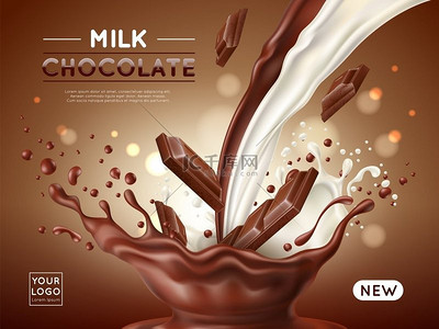 巧克力海报逼真的牛奶和可可流带有复制空间的甜天然产品广告横幅沙漠食物黑白飞溅促销传单模板绝对的矢量三维概念巧克力海报逼真的牛奶和可可流