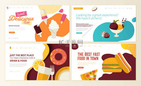 一套网页设计模板的有机快餐, 冰淇淋, 糕点店, 糖果, 糖果, 餐厅, 食品和饮料。网站和移动网站开发的矢量插图概念. 