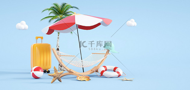 蓝色贝壳背景图片_夏季遮阳伞躺椅蓝色c4d