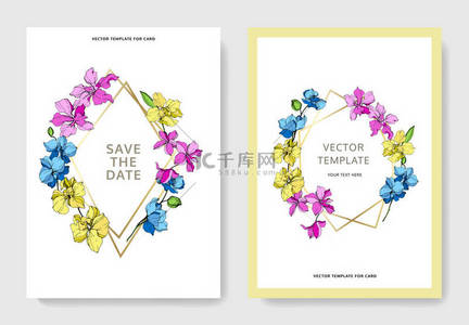 带有花卉装饰边框的婚礼卡片。美丽的兰花。谢谢你, rsvp, 邀请优雅的卡片插图图形集.