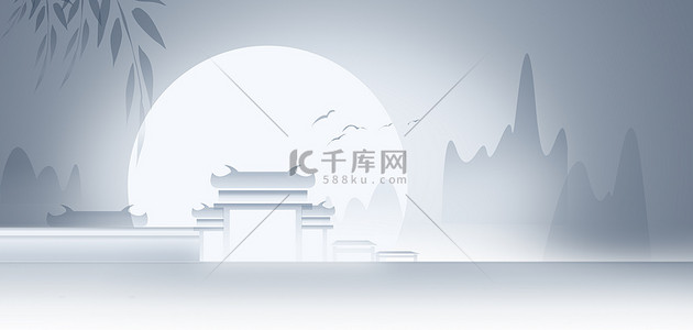 简约中国风建筑背景图片_古风中式建筑灰色简约国风海报背景
