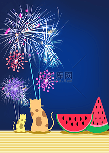 彩色的气球插画背景图片_彩色烟花猫咪西瓜背景
