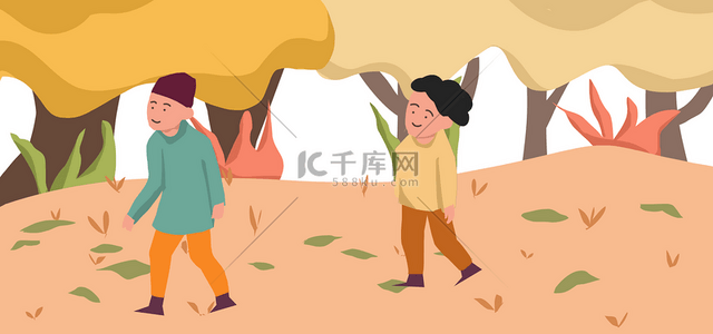 夏季叶子海报背景图片_秋季人物散步卡通背景
