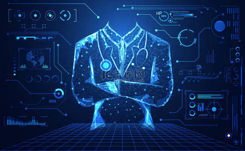 博士服真人背景图片_摘要健康医学是由博士数字未来虚拟全息处理、医学与通信系统连接的高科技蓝背景。向量 