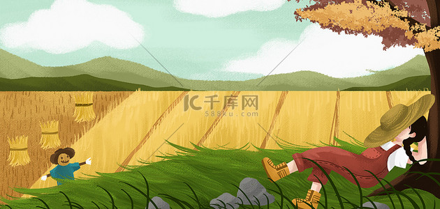 卡通农民丰收背景图片_小满田野金色卡通节气背景