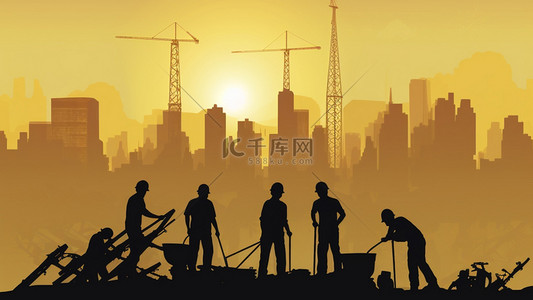 建筑工人背景背景图片_城市建筑工地工人工作剪影背景