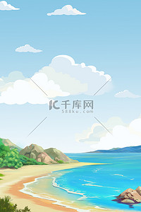 夏日沙滩海边背景图片_夏天海边蓝色卡通
