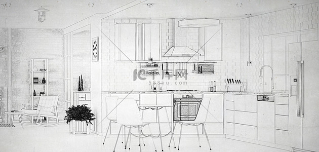 黑白线稿背景图片_厨房装修手绘线稿效果图