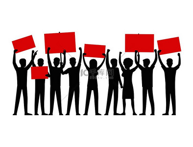 一群举着红色标语牌的男女在白色背景下进行群众集会孤立的矢量图解。一群人带着红色标语牌剪影