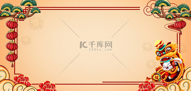 背景黄色新年背景图片_兔年舞狮边框黄色中国风背景