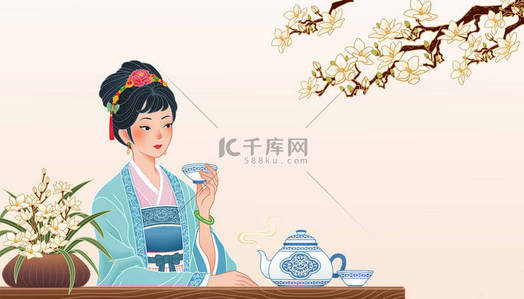 中国古代女孩坐在桌旁，享受着一杯热茶，横幅图案扁平，带有色彩